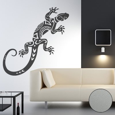 A061 Wandtattoo 'Gekko Tribal' In Silber – 110x45 Cm, Selbstklebend, Für Tapete, Putz, Holz & Glas (in 40 Farben & 11 Größen)