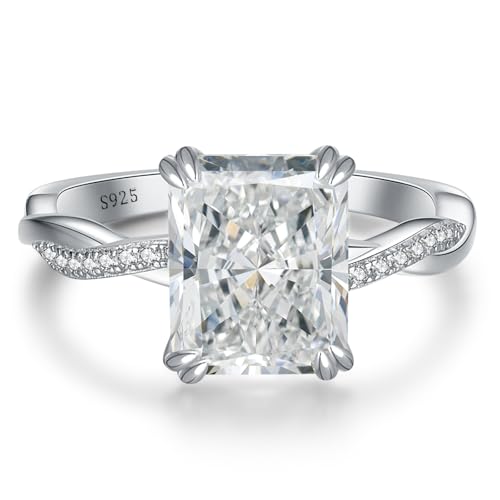 4CT Radiant Cut Engagement Rings for Women, 925 Sterling Silver Cubic Zirconia Wedding Band, 14K Gold/White Gold Plated Simulated Diamond Ring Wedding Promise Gift for Her, Size 5-10