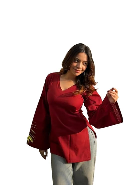 Image of Maroon Rayon Short Kurti for Women - V Neck Solid Ethnic Tunic Top, Casual Indo-Western Kurta for Jeans