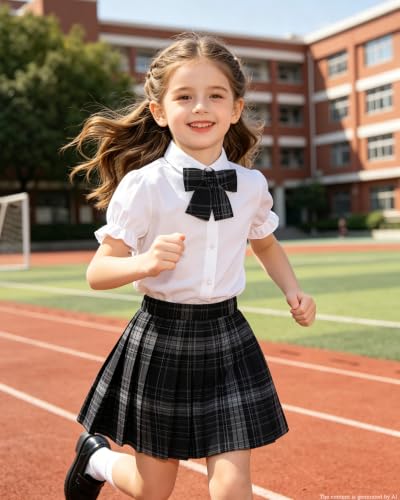 Image of Betusline Girls Skirt Set JK School Uniform 2-Piece Outfit - Short Sleeve Shirt with Bow & Pleated Skirt 4T-14Y