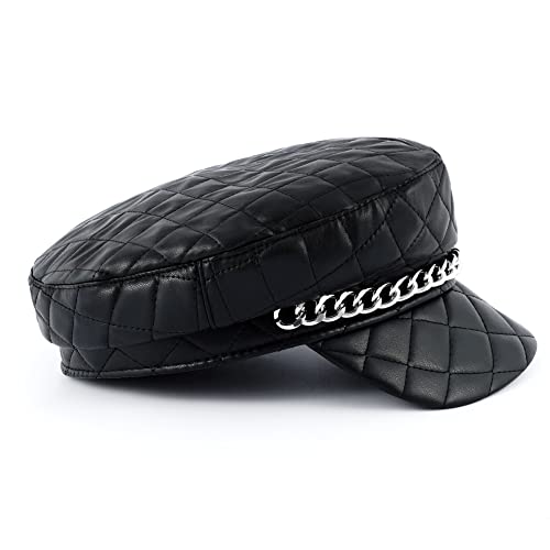 Docila Black Newsboy Hat Women Checks Pu Leather Fiddler Fisherman Cap Flat Top Baker Boy Cap Peaked Visor Beret With Chain Decoration #TOP4