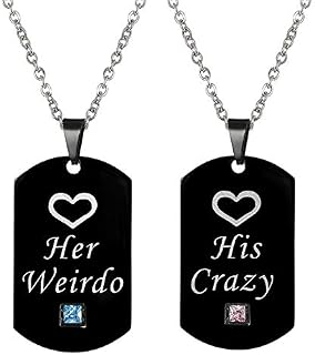 Cupimatch 2 pcs CZ His and Her Love Heart Dog Tag Pendant Necklace, Stainless Steel Chain Couple Matching Necklace Set