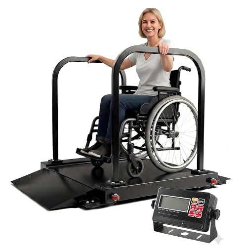 Double-Side Handle Wheelchair Scale with Dual Extended Detachable Ramp for Home Use Portable Heavy Duty Digital Medical Scale Weighing Platform 1000lbs x 0.2lbs