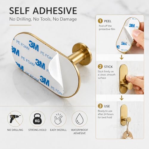 Image of CentraLit 3 PCS Gold Self-Adhesive Stainless Steel Bathroom Hooks - Heavy-Duty Wall Hangings, Waterproof & Drill-Free Strong Towel, Coat, and Kitchen Hooks for Kitchen - Waterproof and Rustproof