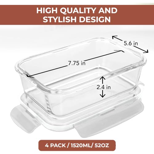 Image of Razab 6.5 Cups / 52 Oz 4 Piece (2 Containers + 2 Lids) Glass Food Storage Containers Set with Airtight Locking Lids - For Storing, Baking & Serving BPA Free, Leakproof - Microwave, Freezer & Oven Safe