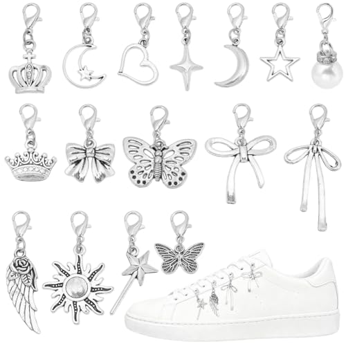BEAMARKER 32 unidad, 16 estilos, Colgantes de Aleación Plateada con Forma de Zapatos: Ala, Sol, Corazón, Lazo, Estrella, Mariposa Y Corona. Incluye Cierre de Mosquetón para Zapatillas, Botas, Bolsos Y