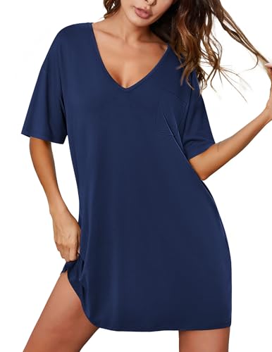 Image of Ekouaer Nightgowns for Women Bamboo Viscose Sleepshirt Short sleeve Nightshirt V Neck T shirt Night gown Boyfriend Sleepwear