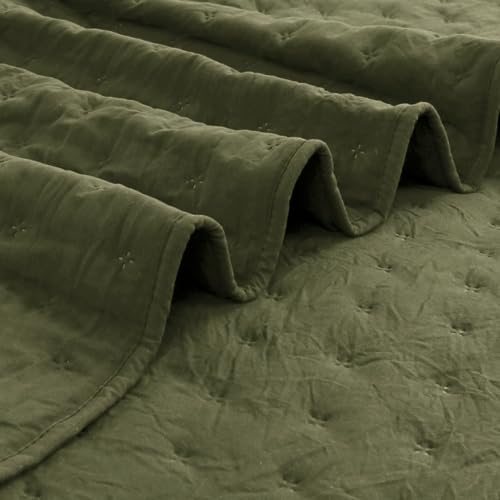 ROARINGWILD Olive Green Cloud Twin Size Quilt Bedding Sets with Pillow Sham, Farmhouse Lightweight Soft Bedspread Coverlet, All Season Rustic Country Thin Comforter, 2 Pieces, 68x90 inches