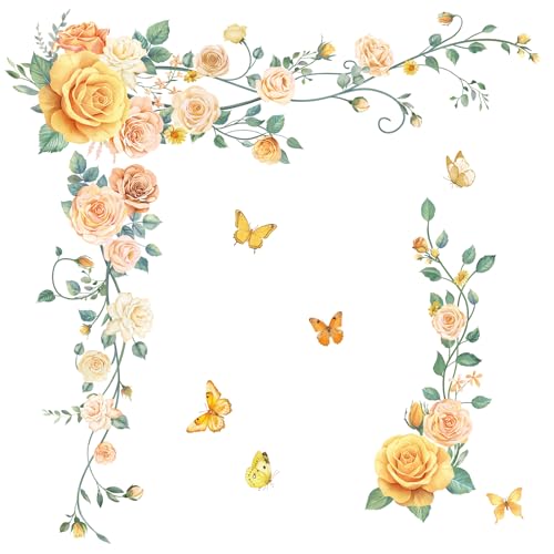 Fufuquare Rose Flower Butterflies Wall Decals Hanging Vine Yellow Floral Wall Stickers for Nursery Living Room Bedroom