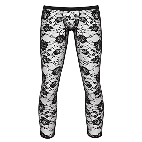 Mens Sissy Sheer Floral Lace Low Rise Bulge Pouch Footless Legging Pants Tight Trousers