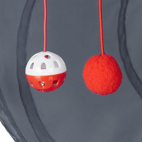 Relaxdays Katzentunnel faltbar, BxD: ca. 50x25 cm, Katzenröhre mit Spielzeug & Tasche, interaktiver Spieltunnel, grau