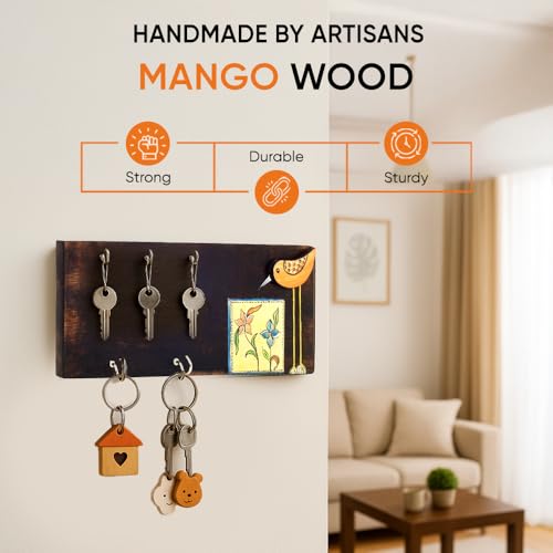 Image of AAKRITI ART CREATIONS Key Holder, Handcrafted Tribal Art Bird Theme Key Hanger | Rustic Mango Wood Wall Organizer with 5 Hooks | New Home Gifts | Multifunctional Entryway Decor