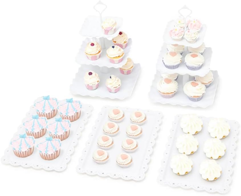 Cake Stand & Appetiser Tray Set | 5 Piece | Plastic Cupcake 3-Tier Display | Party Christmas Birthday (Square)