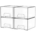 Yieach 4 Pack Clear Stackable Storage Drawers,4.4'' Tall Acrylic Drawer Containers for Organizing,Bathroom Organizers and Storage Bin Box,Plastic Makeup,Medicine Organizer Bins for Cabinet,Undersink