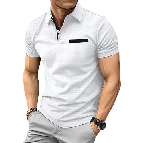 Men Urban Style Sports Polo Shirt Classic Quarter Button Jacquard Plaid Shirts Summer Golf Exercise Pullover Tops (White,Small)