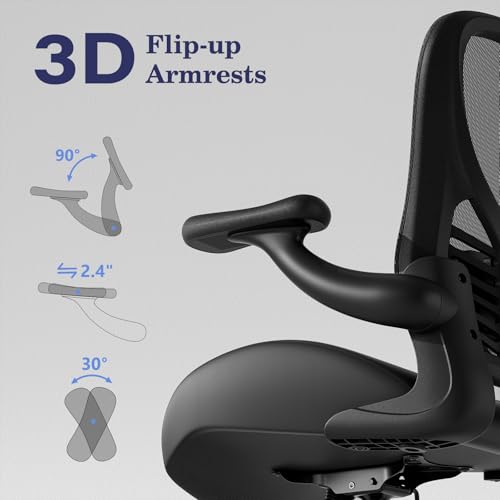 Image of GYI Ergonomic Office Chair with Memory Foam Cushion, Big and Tall Office Chair, 4.7 inch Thickened Seat Heavy Duty Desk Chair with Technical Mesh Back, 3D Flip-up Arms, Wheels for Heavy People, Black