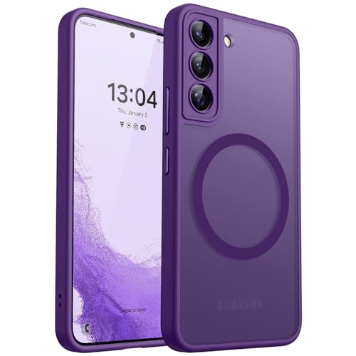 Image of CANSHN Designed for Samsung Galaxy S22 Case [Full Camera Protection] [Compatible with MagSafe] Translucent Matte Shockproof Protective Phone Cover 6.1 Inch - Deep Purple