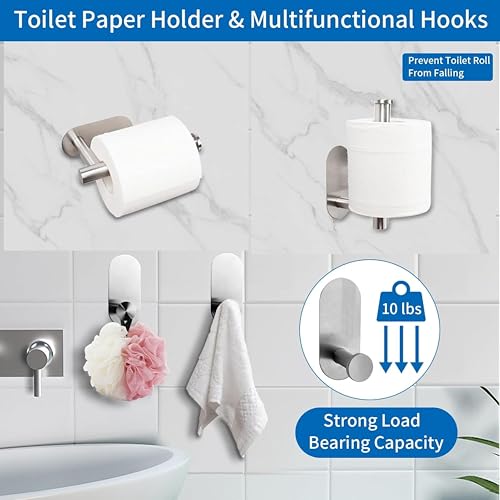 Image of JIALTO Bathroom Towel Holder | 4 Pcs Wall Mounted Bathroom Clothes Hanger with Adhesive Hooks | Towel Rod | Tissue Paper Holder | Bathroom Fittings Rod & Towel Stand (Silver, 4 - Pieces Set)