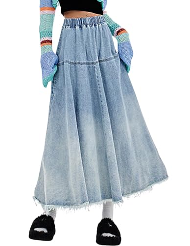CHARTOU Women Pleated Maxi Denim Skirt Long Jean Skirt Gradient Frayed Distressed Denim Ruffle A Line Skirt
