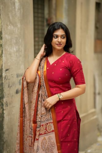 Image of GoSriKi Kurta Set Women Viscose Printed | Kurti Set Woman | Kurta Pant Dupatta 3 Piece Outfit | V-Neck Elbow Length Sleeve Straight Fit Ethnic Wear Ladies Dress Stylish Traditional Clothing