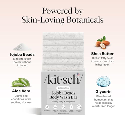 Image of Kitsch Jojoba Beads Exfoliating Body Wash Bar - Nourishing Bar Soap with Shea Butter & Aloe for Dry, Flaky Skin - Soap bar & Body Scrub for Smooth, Refreshed Skin - Rosemary & Cedarwood Scent - 4 oz