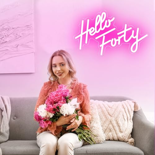 Image of Hello Forty Neon Sign 40th Birthday LED Neon Light for Forty Birthday Party Decor Hallo Forty Party Favors Personalized Gift for Girls