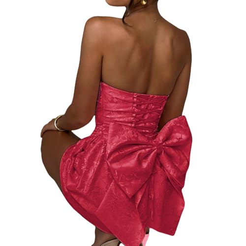 Image of ZGMYC Jacquard Satin Homecoming Dress with Bow Elegant Strapless Mini Dress A Line Short Prom Dresses Party Gown Bright Red