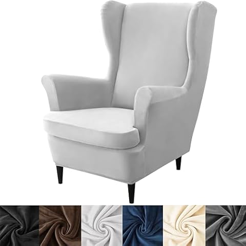 HFCNMY Wingback Chair Covers, 2 Piece Stretch Velvet Wingback Chair Slipcover-Thick Wing Back Chair Covers with Arms-Wing Chair Slipcover-Wing Back Chair Slipcovers Light Gray Cover