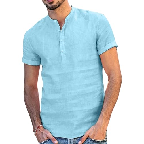 Men Short Sleeve Round Neck Cotton Linen T Shirt Quarter Button Sport Shirt Summer Breathable Comfortable Top (Light Blue,3X-Large)