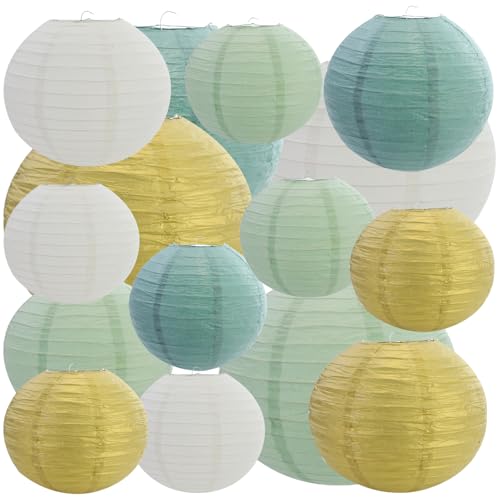 Juego de 15 Farolillos de Papel, Redondas Linternas de Papel Colgantes, 15/20/25 cm Linternas Decorativa para Decorar el hogar, Fiestas, Bodas y Festivales(Oro, Marfil, Verde Salvia)