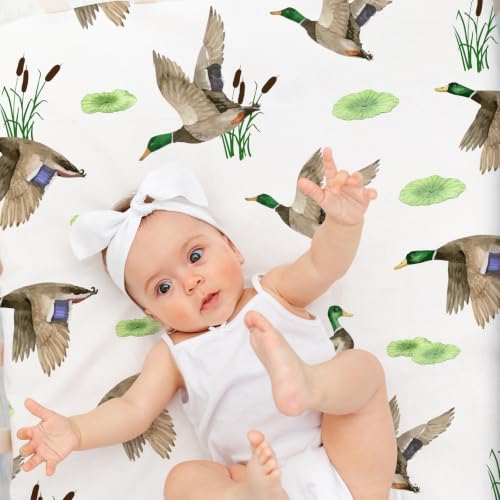 Image of 4 Pack Mallard Duck Baby Crib Sheet for Girl or Boys, Green Gingham Fitted Crib Sheet Soft Breathable, Mallard Duck Nursery Decor for Standard Mattresses Gift Set 28 x 52 in