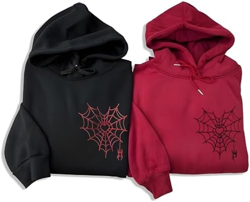 ADUMESHION Custom Heart Spiderweb Embroidred Hoodie, Matching Crewneck, Couple Embroidery Sweatshirt, Personalized Initials Heart Sleeve, Valentines for Him Her, Girlfriend Boyfriend Gift Black