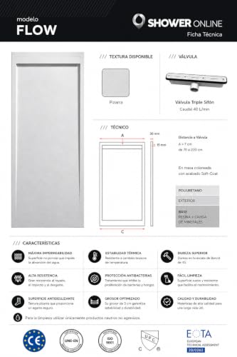Miniatura 4 de Plato De Ducha Resina Flow Blanco Ral 9003-80x130 Textura Pizarra Antideslizante Incluye Rejilla Y Sifón