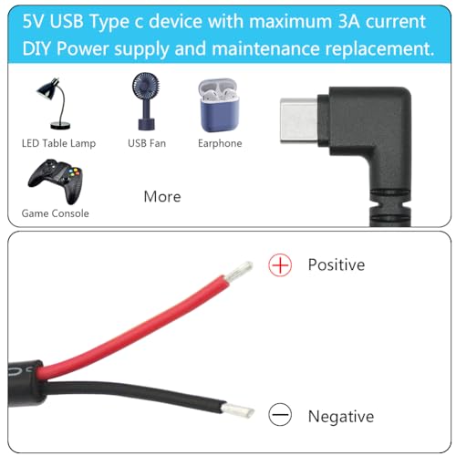 Image of USB C to 2 Pin Bare Wire Open End Power Cord 10inch, 90 Degree USB Type C Male Plug 2 Pin Pigtail Cable 20AWG 5V for USB Type C Equipment Installed or Replacement Repair DIY Cable(2Pcs