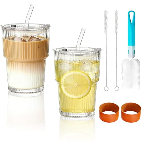 Forbabe 2 Stück 400ml Trinkbecher mit Deckel und Strohhalm, Durchsichtig Gerippte Glasbecher Wiederverwendbare Matcha Gläser Wasserdichtes Eiskaffee Gläser für Cocktail Milch Smoothie Saft Wasser