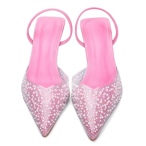 Image of YIYA Women's Clear Slingback Heels with Pearl Studded Pointed Toe Kitten Mid Heels Sparkly Rhinestone Slip On Wedding Party Shoes