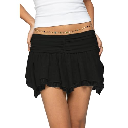 Women Fairy Lace Layered Mini Skirt Y2K Low Rise Ruched Waist Asymmetrical Skirt Festival Country Concert Outfit