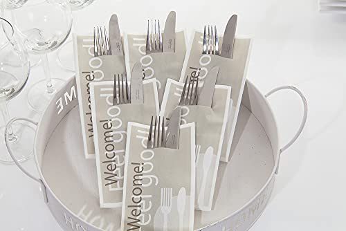 Sovie HORECA Besteckserviette Feel Good Grau, 40 x 40 cm, 1/8 Falz, 75 Stück – Linclass® Airlaid Bestecktasche und Welcome-Motiv für Gastronomie & Veranstaltungen