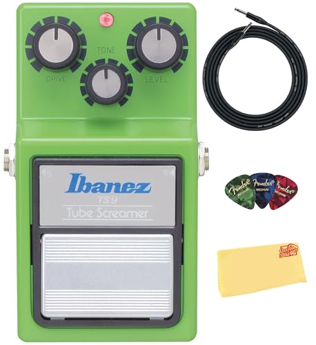 Ibanez TS9 Tube Screamer Overdrive Pedal Bundle with Instrument Cable Picks and Austin Bazaar Polishing Cloth