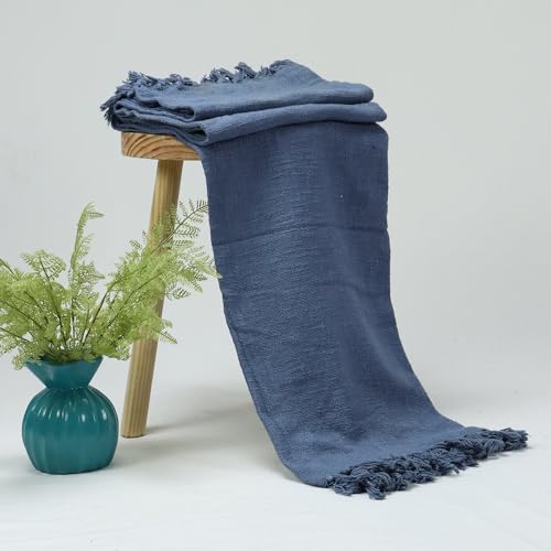 Image of Cotton Jute Sofa Throw Handmade 50x60 Inch Solid Blanket for Bedroom Soft Throw for Living Room, Bed, Couch and Chair Reversible and Breathable (Blue)