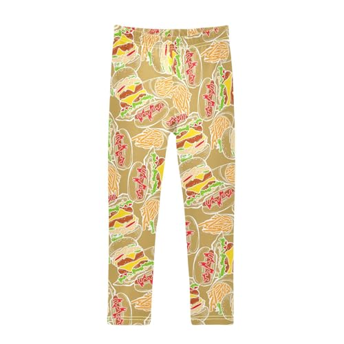 Fast Food with Burger Hot Dog Girls Leggings,Workout Leggings for Girls Toddler Athletic Leggings Size for 3-10T