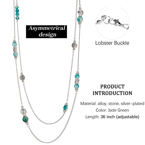 Bulinlin Layered Silver Long Necklace For Women Turquoise Stone Beaded Strand Sweater Chain Necklaces Fashion Costume Jewelry Gifts For Mom(Jade Green) #TOP4