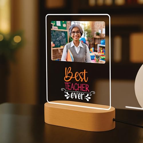 Image of Giftplease Customized LED Photo Frame Gift for Teacher Personalized Wooden Frame with LED Light Thank You, Farewell, retirement gift for teacher Custom Name /Text Engraved Frame CS 09
