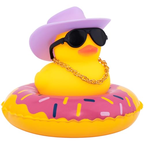 Image of wonuu Car Rubber Duck, Yellow Duck Decoration Dashboard with Sun Hat Swim Ring Necklace Sunglasses for Car Dashboard Decorations, Purple Cowboy Hat-Purple Donut