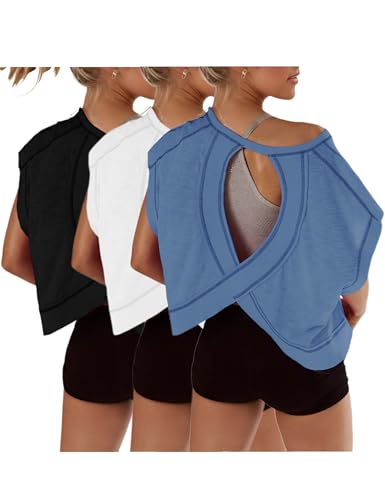 Womens 3 Pack Open Back Tops Casual Short Sleeve Workout Shirts Y2k Crop Athletic Tops Gym Yoga Running Tees(Black&White&Blue,M)