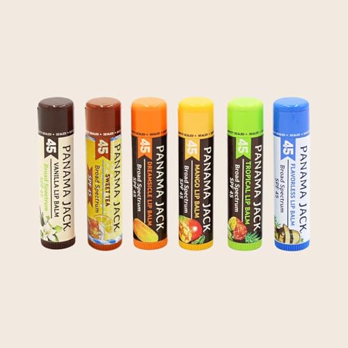 Panama Jack Sunscreen Lip Balm - SPF 45, Flavor Pack, Broad Spectrum UVA-UVB Sunscreen Protection, Prevents & Soothes Dry, Chapped Lips (6 Pack)