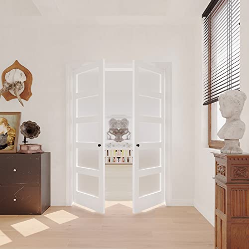 Image of 64 inch x 80 inch French Interior Door, 5 Lite Tempered Frosted Glass Panel for Pantry & Bedroom, Double Pre-drilled Holes Slab Doors, White Primed, Assembly Required (Hinges Not Included)