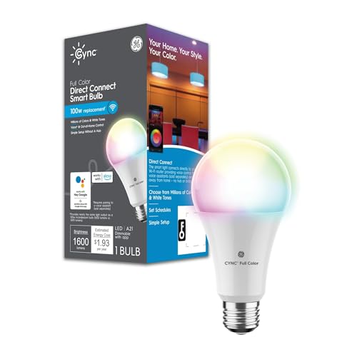 P L-RA Cync A21 Smart LED Light Bulb, Color Changing Indoor Decor Lights, 100 Watts, Medium Base, 1pk - These LED Smart Light Bulbs Connect Directly to A 2.4 GHz WiFi Connection