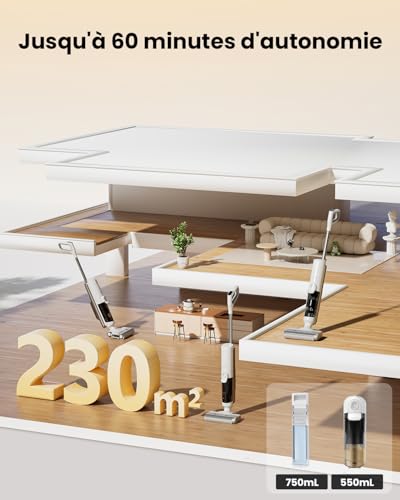 Proscenic F10 Ultra Aspirateur Laveur sans Fil, Nettoyeur de Sol, 60 Mins Aspirateur Balai sans Fil Humide et Sec, Léger Aspirateur Eau et Poussière,1.3L,Autonettoyant,Nettoyage dans Les Angles,Bords – Image 3