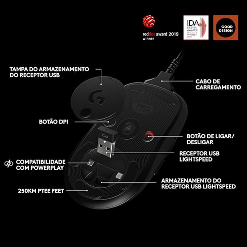 Mouse Gamer Sem Fio Logitech G PRO Wireless com Tecnologia LIGHTSPEED, RGB LIGHTSYNC, Design Ambidestro, 8 Botões Programáveis, Sensor HERO 25K e Bateria Recarregável - Compatível com... glide